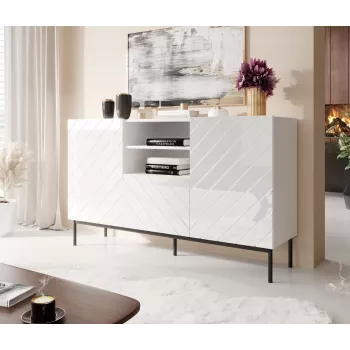ABETO kumode uz melns tērauda rāmis 150x42x90 balts/glancēti balts