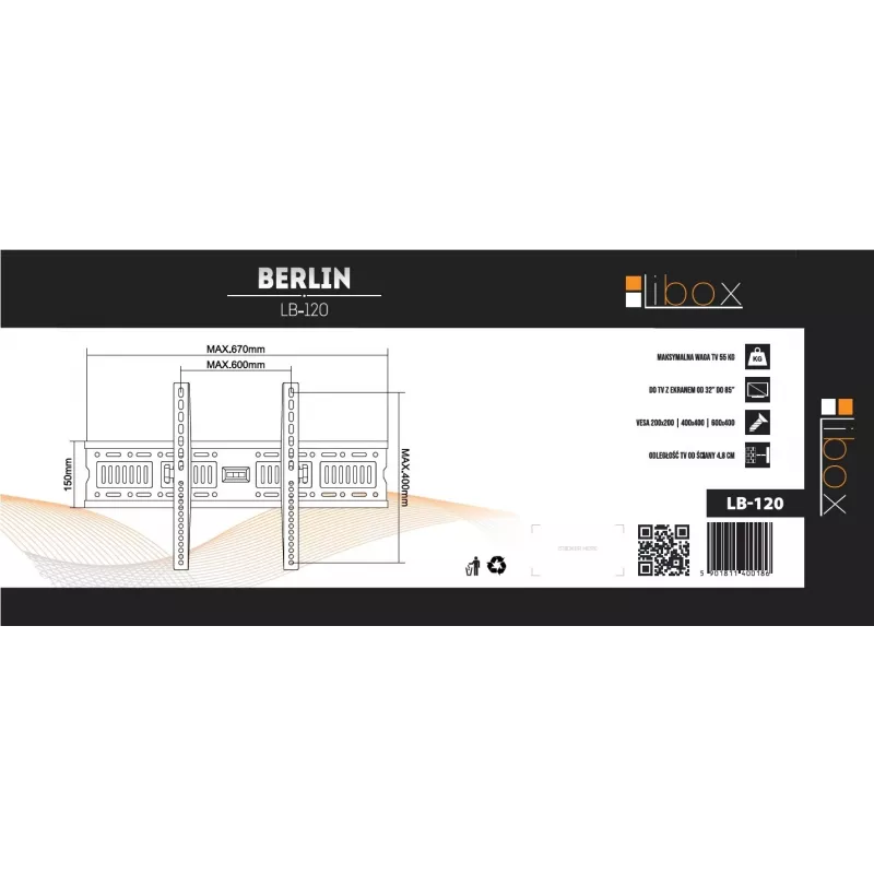 Libox Berlin LB-120 sienas turētājs televizoram 37–70 collu ekrāniem (līdz 85 collām / 2,16 m), līdz 50 kg, melns