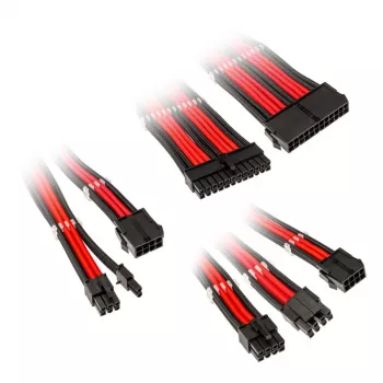 Pīto pagarinātāju komplekts Kolink Core Adept – 20+4pin, 8pin, 4+4pin, 3×6+2pin; garumi 300–350 mm; PET apvalks; vara vadi