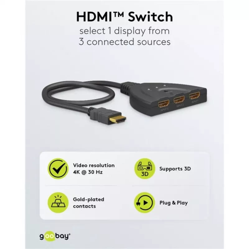 Goobay HDMI Slēdzis 3 uz 1 (4K @ 30 Hz) | 58487 | Melns | HDMI sieva | 3 HDMI sievas | 0.58 m