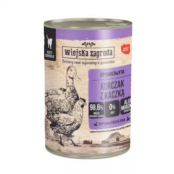 Slapjā kaķu barība wiejskazagroda Vistas gaļa ar pīli 400 g — pieaugušiem kaķiem, bezglutēna, 78.7% mitrums