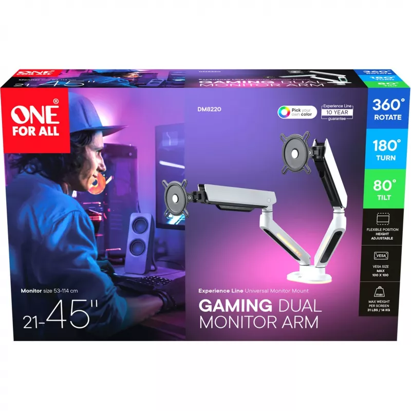 Universāls spēļu divu monitoru rokas stiprinājums DM8220, balts, ar RGB apgaismojumu