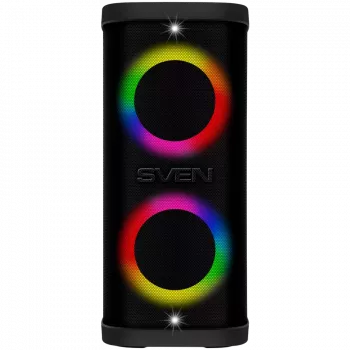 Portatīvais skaļrunis SVEN PS-950, melns, jauda 2x80W (RMS), TWS, Bluetooth, IPx4, FM, USB, microSD, LED displejs, litija baterija