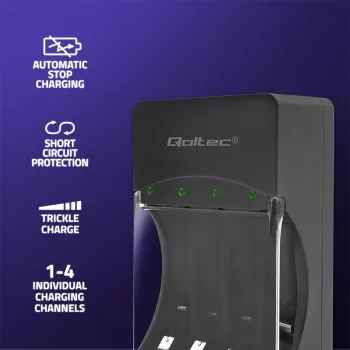 Lādētājs akumulatoriem QOLTEC 50653 Ni‑MH AAA (R03) un AA (R6), 220–240V ieeja, 1,2V izeja