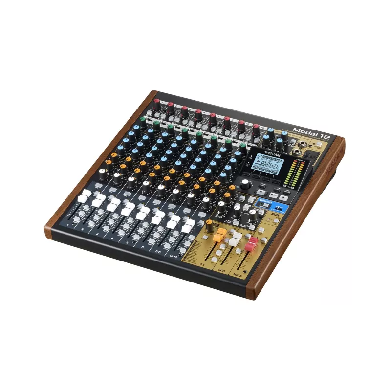 Tascam Model 12 10 kanālu mikseris ar 12 celiņu ierakstītāju, 20–20000 Hz, melns/koks