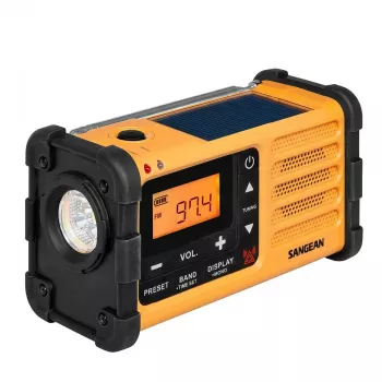 Portatīvā avārijas radio Sangean MMR-88 (USB-C) dzeltenā krāsā – rokas ģenerators, saules baterija, akumulators, AM/FM, laikapstākļu brīdinājums