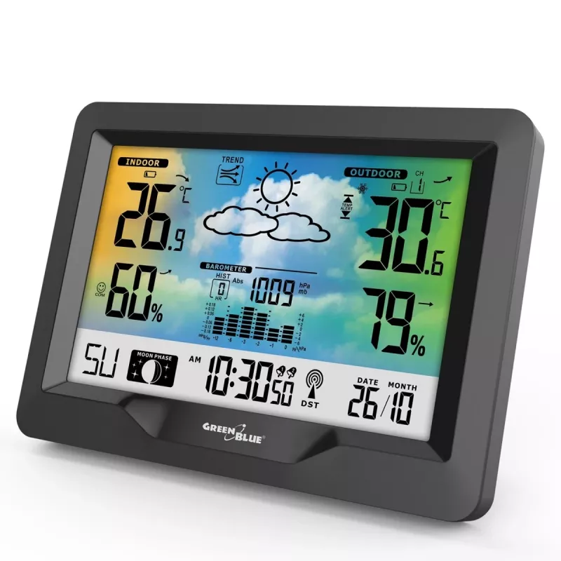 Hidrometra termometrs GreenBlue GB540 — iekštelpu 0–50°C / āra -20–65°C, DCF pulkstenis, āra sensors 60 m, melns