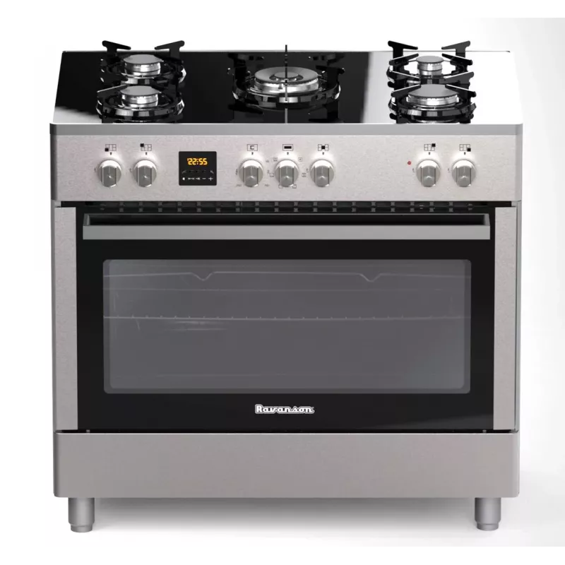 Brīvi stāvoša gāzes-elektriskā plīts Ravanson KWGE-K90, 5 gatavošanas zonas, 90 cm, inox