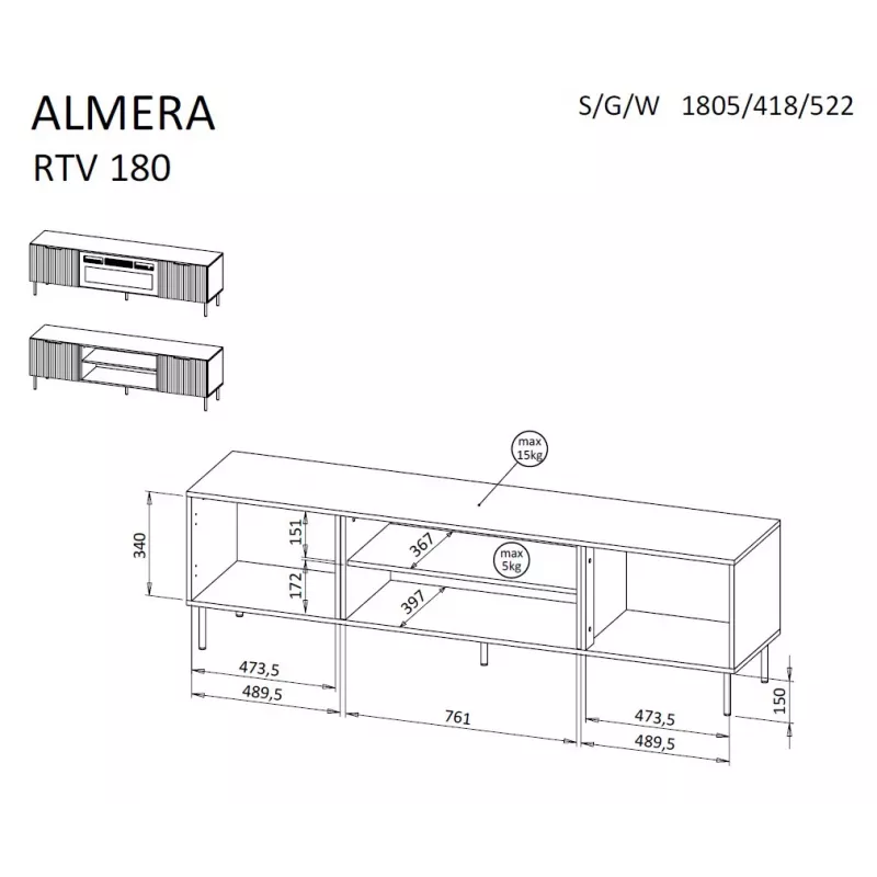 TV skapis Cama Meble ALMERA 180.5×42×52.5 cm valrieksts/krems ar melnu kamīnu