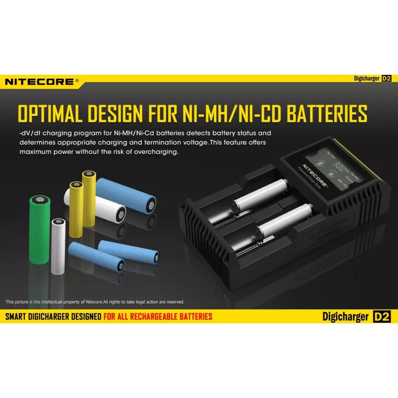 Akumulatoru lādētājs Nitecore D2 — 2 slotu lādētājs AA/AAA/AAAA/C baterijām, 100–240V ieeja, 4.2V izeja, melns