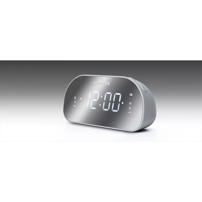 Modinātājpulkstenis Muse M-170CMR — digitālais radio pulkstenis ar 1,2 collu LED displeju, FM uztvērēju, 230V barošanu un AAA rezerves baterijām, spoguļa/baltā krāsā