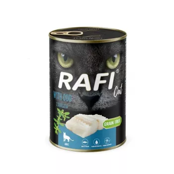Slapjā barība kaķiem Dolina Noteci Rafi ar mencu, pilnvērtīga konservēta barība pieaugušiem kaķiem, 400 g, zivju garša