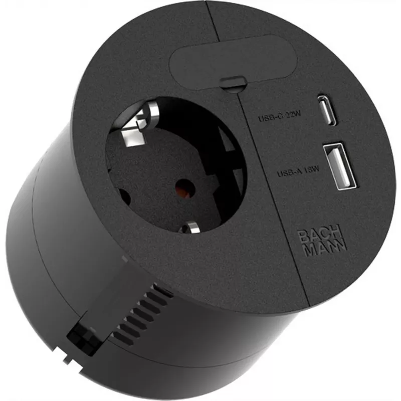 Strāvas sadalītājs Bachmann 938.201 ar 1×CEE7/3 ligzdu, 1×USB-A/C 22W, 2,0 m kabelis