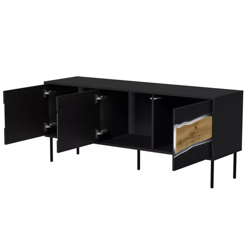 TV skapis INSERTO 3D 143.5x40x61.5 cm melns ar LED, skaidu plātnes virsma