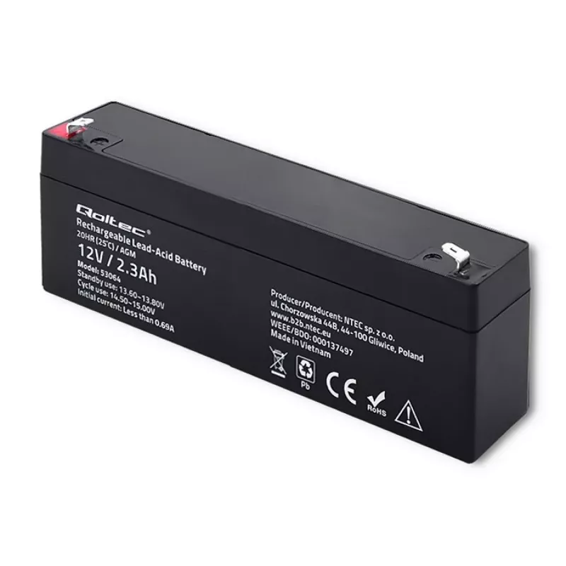 Noslēgts AGM akumulators QOLTEC 12V 2.3Ah UPS un rezerves sistēmām, maksimālā izlāde 34.5A