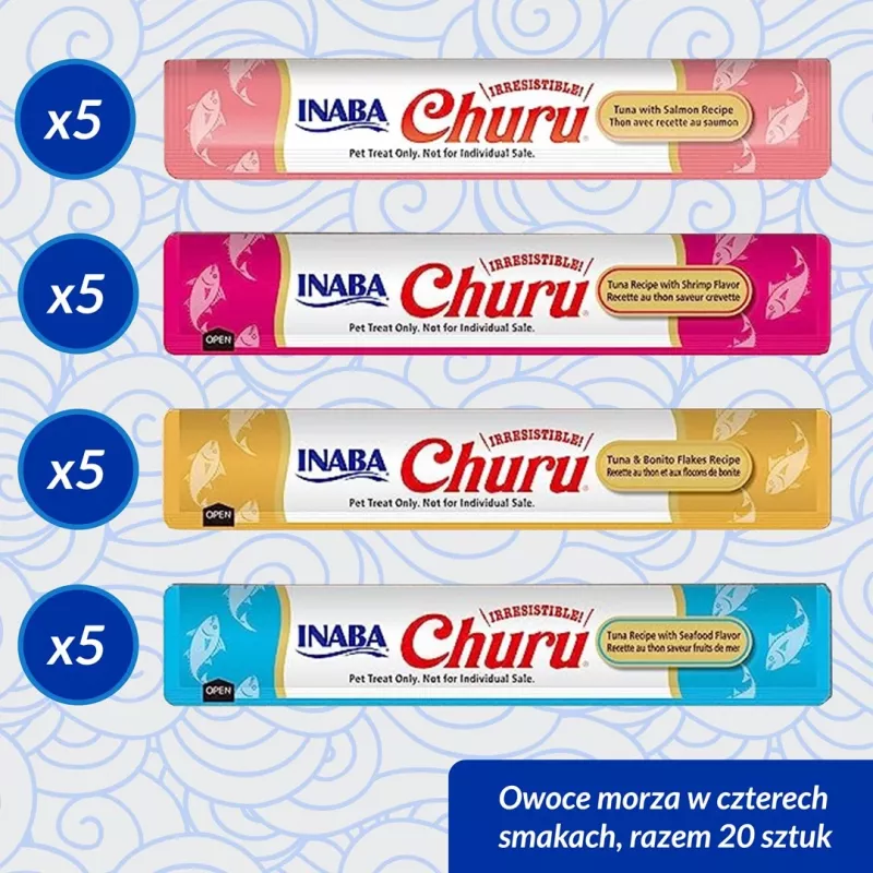INABA Churu Variety Box Seafood slapjie gardumi kaķiem — 20 x 14 g tūbiņas, zivju pasta, bez graudiem, bez cukura un lipekļa
