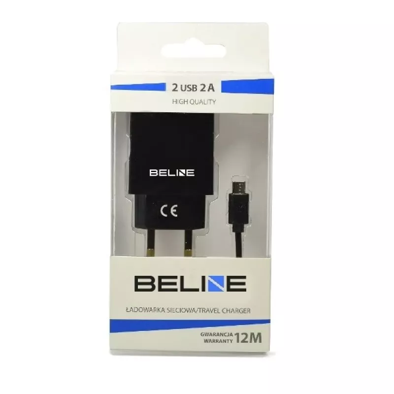 Ceļojumu lādētājs Beline Beli0011 — 2× USB porti, microUSB kabelis, 2A izvade, melns