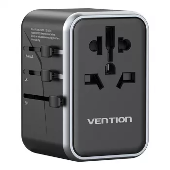 Vention FJFB0 ceļojumu lādētājs 65W — 2× USB-C PD/PPS, 2× USB-A QC/BC, HDMI izeja, alumīnijs/melns