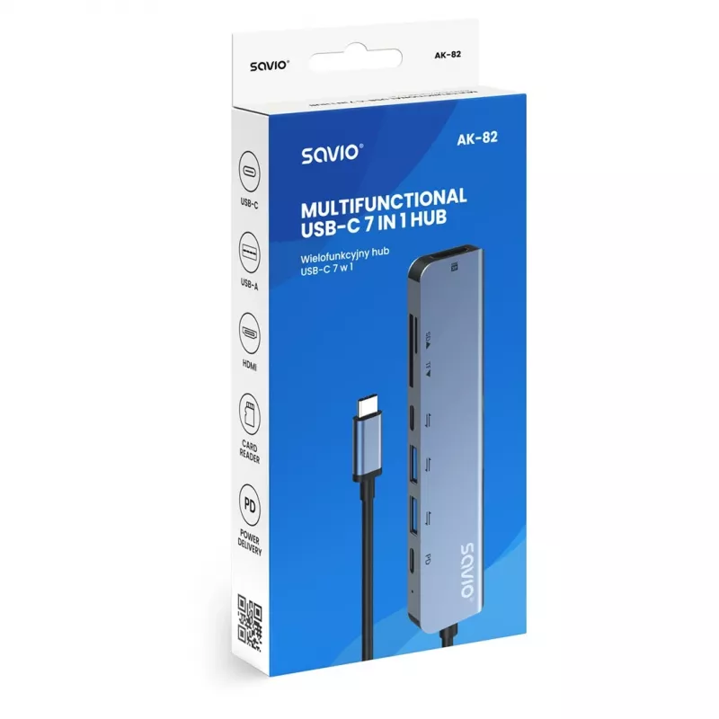 USB Type-C centrmezgls SAVIO AK-82 ar HDMI, MicroSD, USB 3.2 Gen1, PD caurlaidi, 4K@30Hz, 5000 Mbit/s, melns