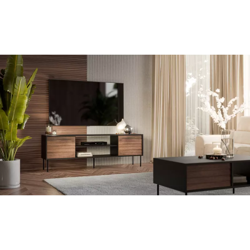TV skapis CORTINA 180×40×60 cm, melna virsma, valrieksta rāmis