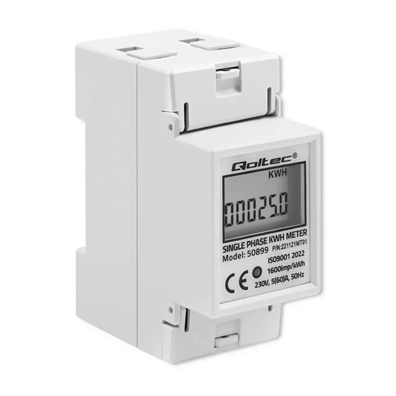 Vienfāzes elektroenerģijas skaitītājs QOLTEC 50899 230 V 50 Hz, 5(60)A, 1.0 klase, LCD