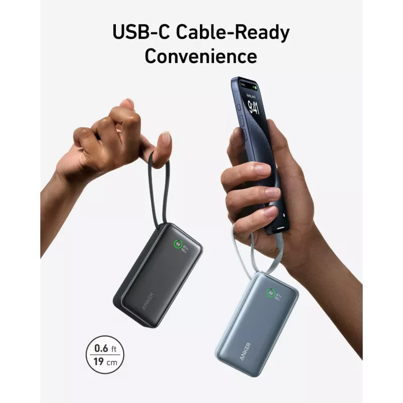 Anker Powerbank 545 NANO 30W 10000mAh ar iebūvētu USB-C kabeli, melna