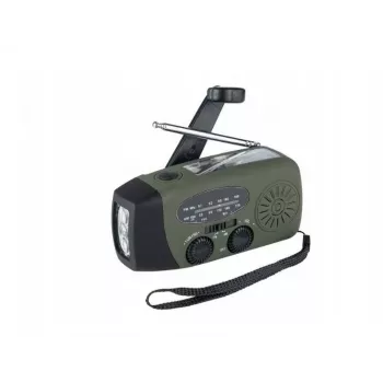 Ārkārtas radio FOSCO 464600 ar LED lukturīti, power bank, FM, IPX3, saules/manuālo/USB-C uzlādi — zaļš/melns