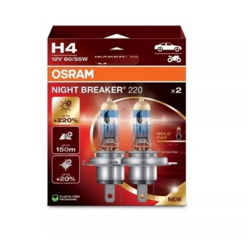 Halogēna priekšējā luktura spuldze Osram NIGHT BREAKER 220 H4 — dubultpaka, 12V 60/55W