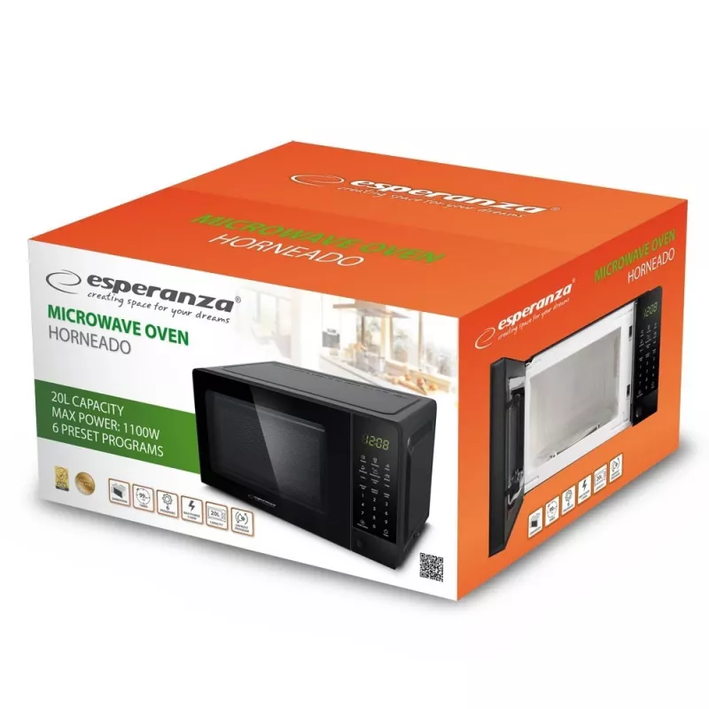 Solo mikroviļņu krāsns ESPERANZA EKO009 — 700 W, 20 L, LED displejs, skārienvadība, 24,5 cm stikla pagrieziena galds, melna