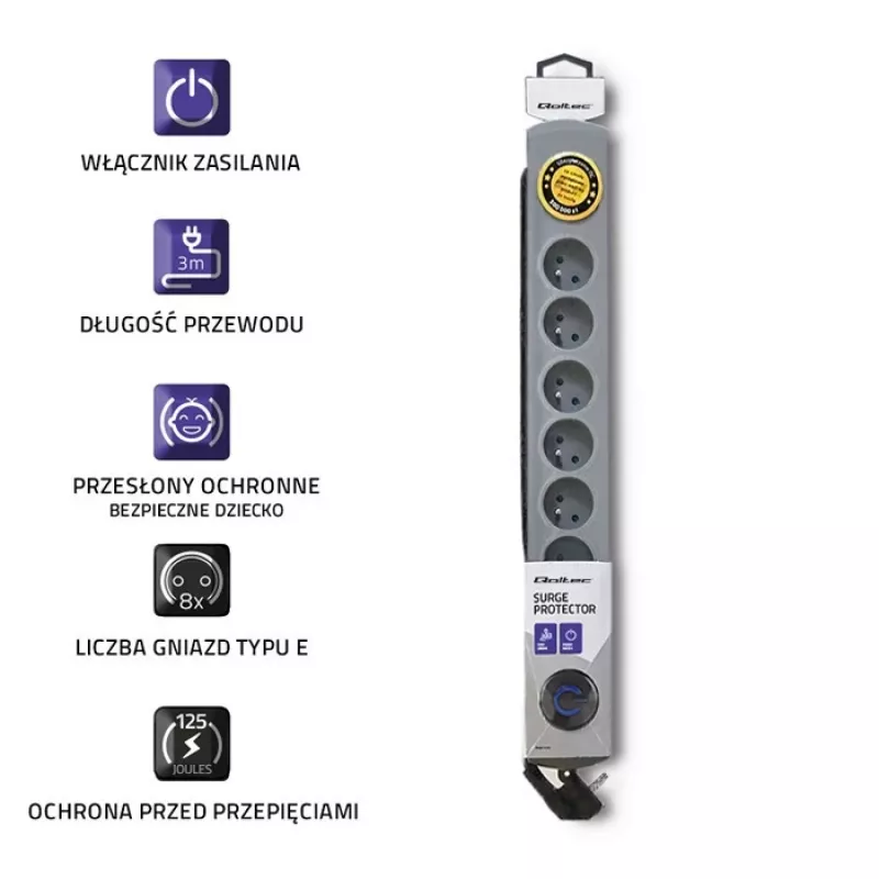 Qoltec 50168 pārsprieguma aizsargs 8 kontaktligzdas 230 V 3 m pelēks