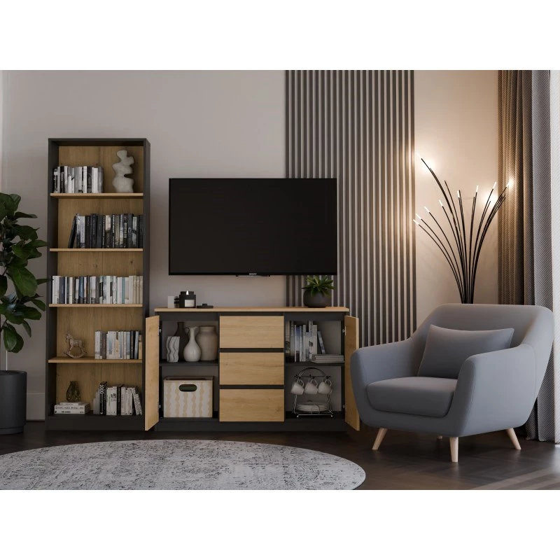 Kumode Topeshop 2D3S ANT/ART BA KPL — antracīts un ozols, 3 atvilktnes, skaidu plātnes rāmis