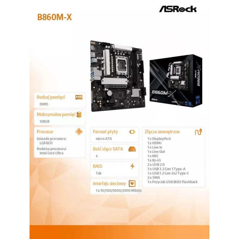 ASRock B860M-X mātesplate ar Intel B860 mikroshēmojumu, LGA 1851, micro ATX, DDR5