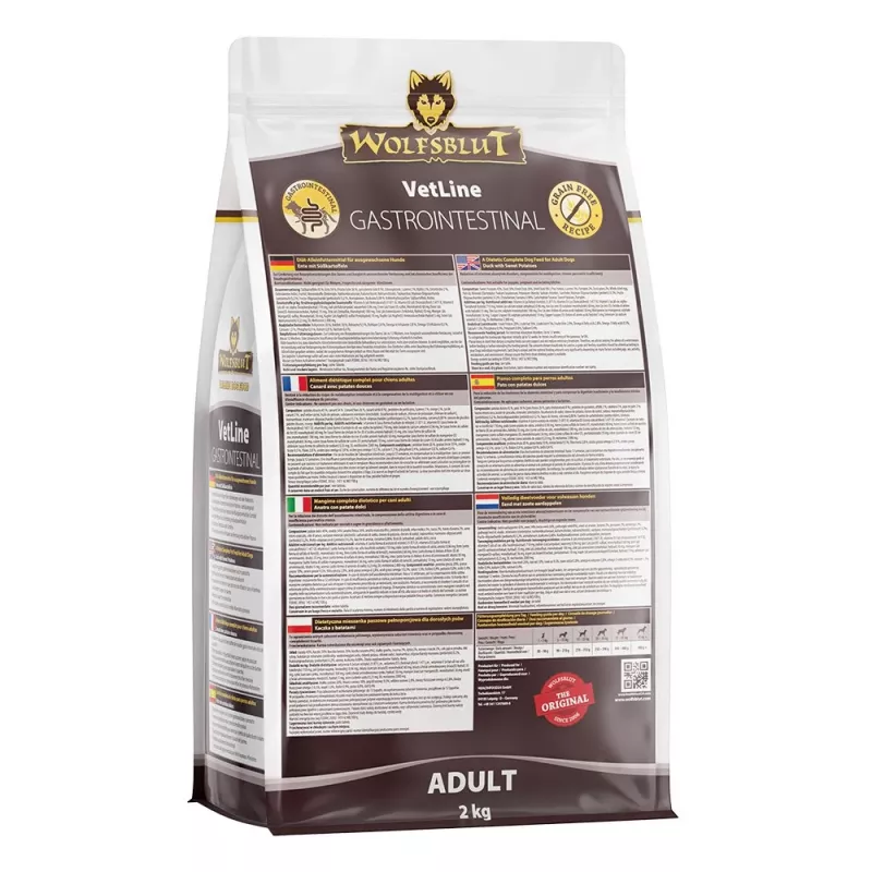 Sausā suņu barība Wolfsblut VetLine Gastrointestinal Duck 2 kg — veterinārā diēta gremošanas atbalstam