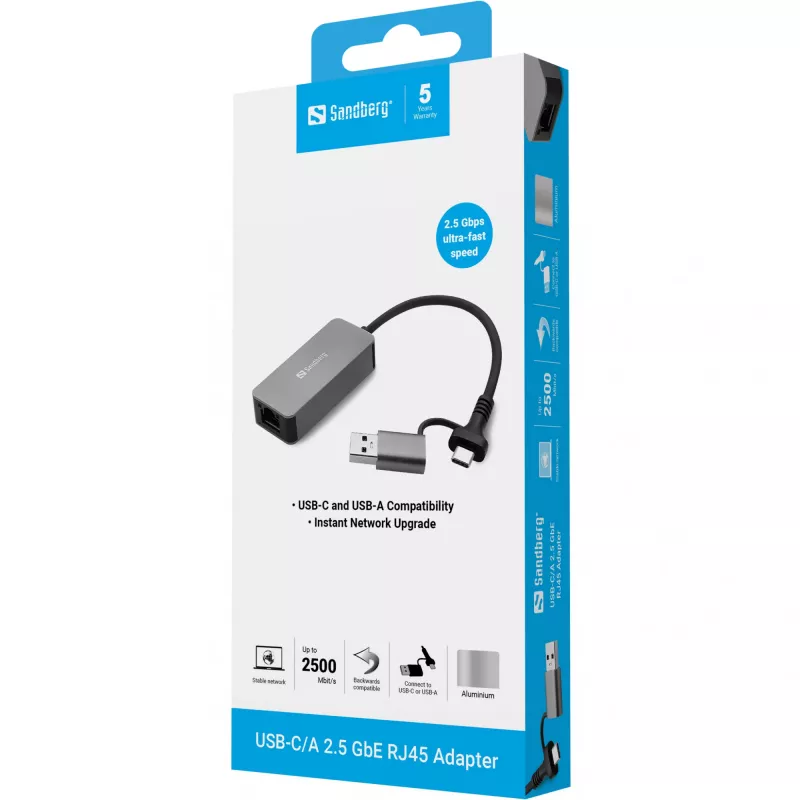 SANDBERG 136-68 USB-C/A adapteris ar 2.5 GbE RJ45 Ethernet portu