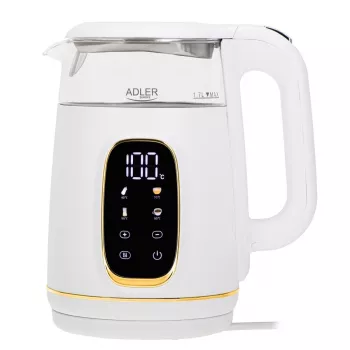 Elektriskā tējkanna Adler AD 1305WG — 1,7 L, 2200 W, stikls/plastmasa, balta/zelta/caurspīdīga