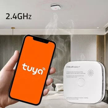 Dūmu detektors ar bateriju Tuya WiFi LED QOLTEC