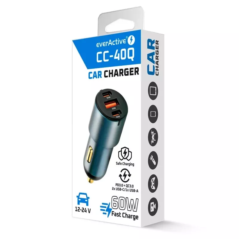Auto lādētājs everActive CC-40Q QC3.0 60W, USB auto barošanas adapteris mobilo ierīču uzlādei