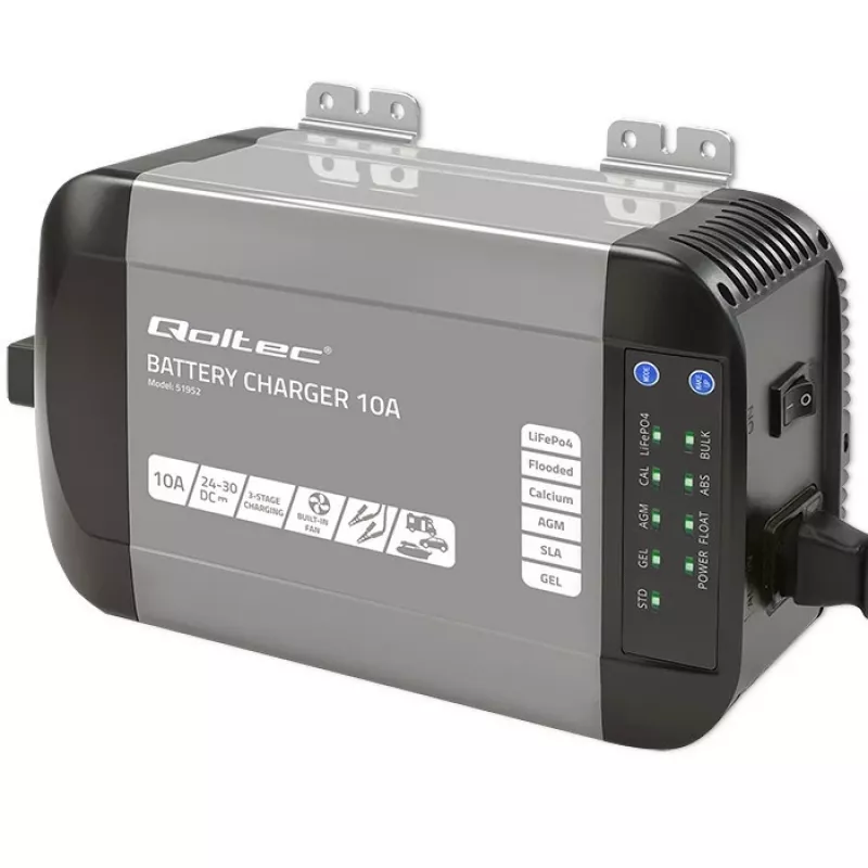 Qoltec 51952 viedais Monolith akumulatoru lādētājs LiFePO4/AGM/GEL/SLA, 10 A, 24 V