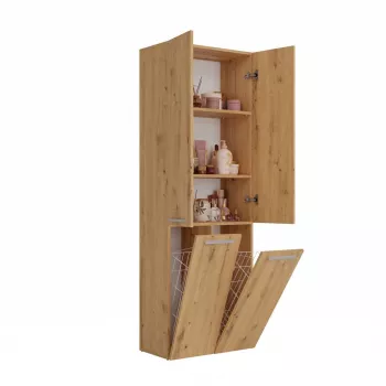 Brīvi stāvošs vannas istabas skapis NEL 2K DD ART KPL — ozola rāmis, 600×300×1740 mm, 3 plaukti