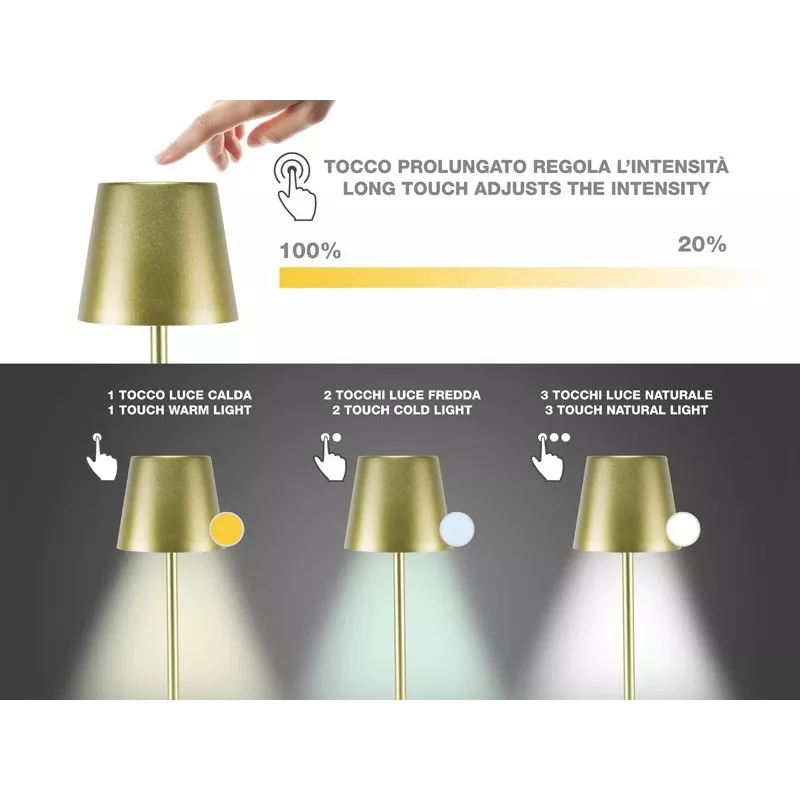 Beper P201UTP116 akumulatora LED galda lampa, 1,5 W, pieskārienu slēdzis, regulējama spilgtuma, 33 mm pudeles adapteris, ūdensnoturīga, zelta