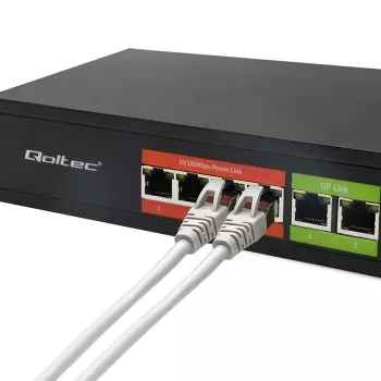 Ethernet PoE slēdzis QOLTEC 52289 — 4x RJ45 PoE porti, 2x RJ45 augšupsaite, 65W jaudas budžets