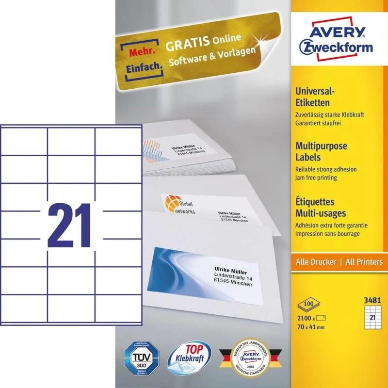 Avery 3481 pašlīmējošās taisnstūra etiķetes, baltas, pastāvīgas, 2100 gab.