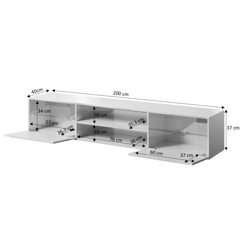 TV skapis Cama Meble SLIDE 200K — 200x40x37 cm, spīdīgi melns, skaidu plātnes virsma