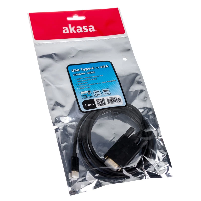 Akasa AK-CBCA17-18BK USB Type-C uz VGA pārveidotājkabelis 1.8m melns