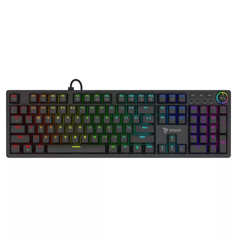 Mehāniskā spēļu tastatūra SAVIO STYX Outemu Blue Hot-Swap RGB USB QWERTY US International Melna 104 taustiņi
