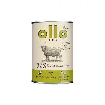 Slapjā suņu barība OLLO Pure liellopu gaļa un zaļā kuņģa 400 g kārba — pieaugušiem suņiem, olbaltumvielas 14.5%, tauki 11.9%, mitrums 69%