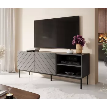 AV/TV skapis ABETO RTV uz melna tērauda karkasa 150x42x60 cm grafīts/spīdīgs grafīts