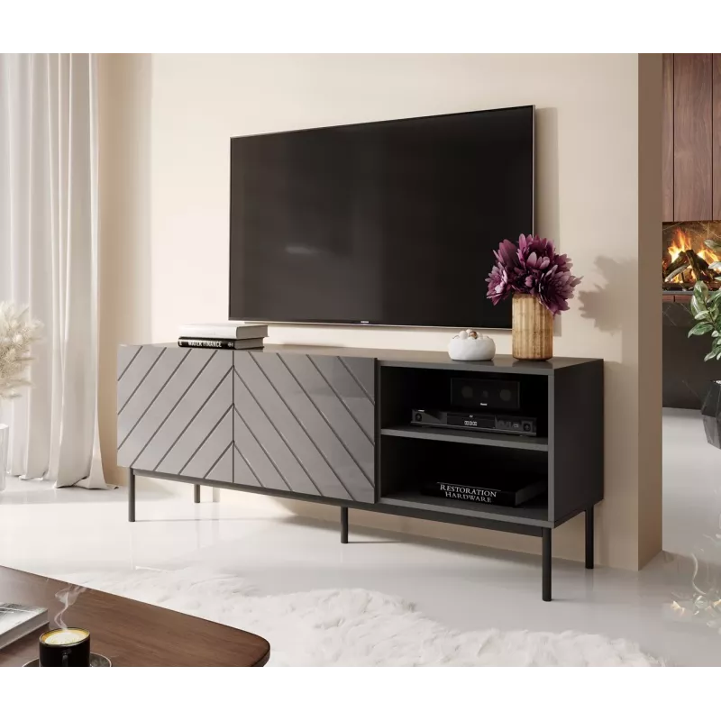 AV/TV skapis ABETO RTV uz melna tērauda karkasa 150x42x60 cm grafīts/spīdīgs grafīts