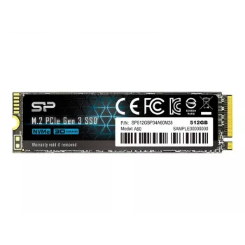 SSD M.2 NVMe Silicon Power P34A60 512 GB — PCIe, lasīšana 2200 MB/s, rakstīšana 1600 MB/s, NVMe 1.3