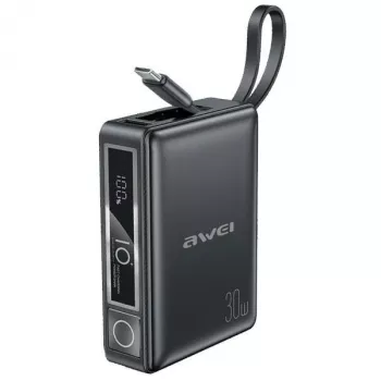 AWEI P87K enerģijas banka 10000 mAh, 30 W, ar integrētu kabeli, melnā krāsā